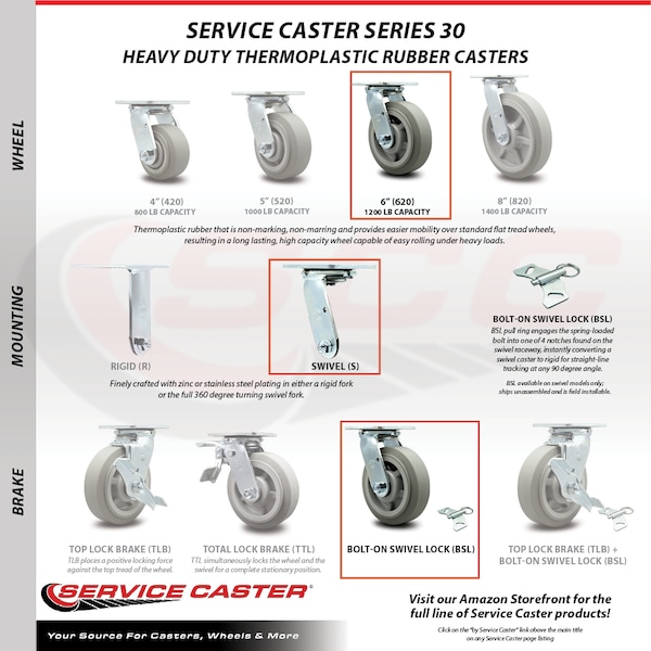 6 Inch Thermoplastic Rubber Caster Set With Ball Bearings 2 Brakes 2 Swivel Lock